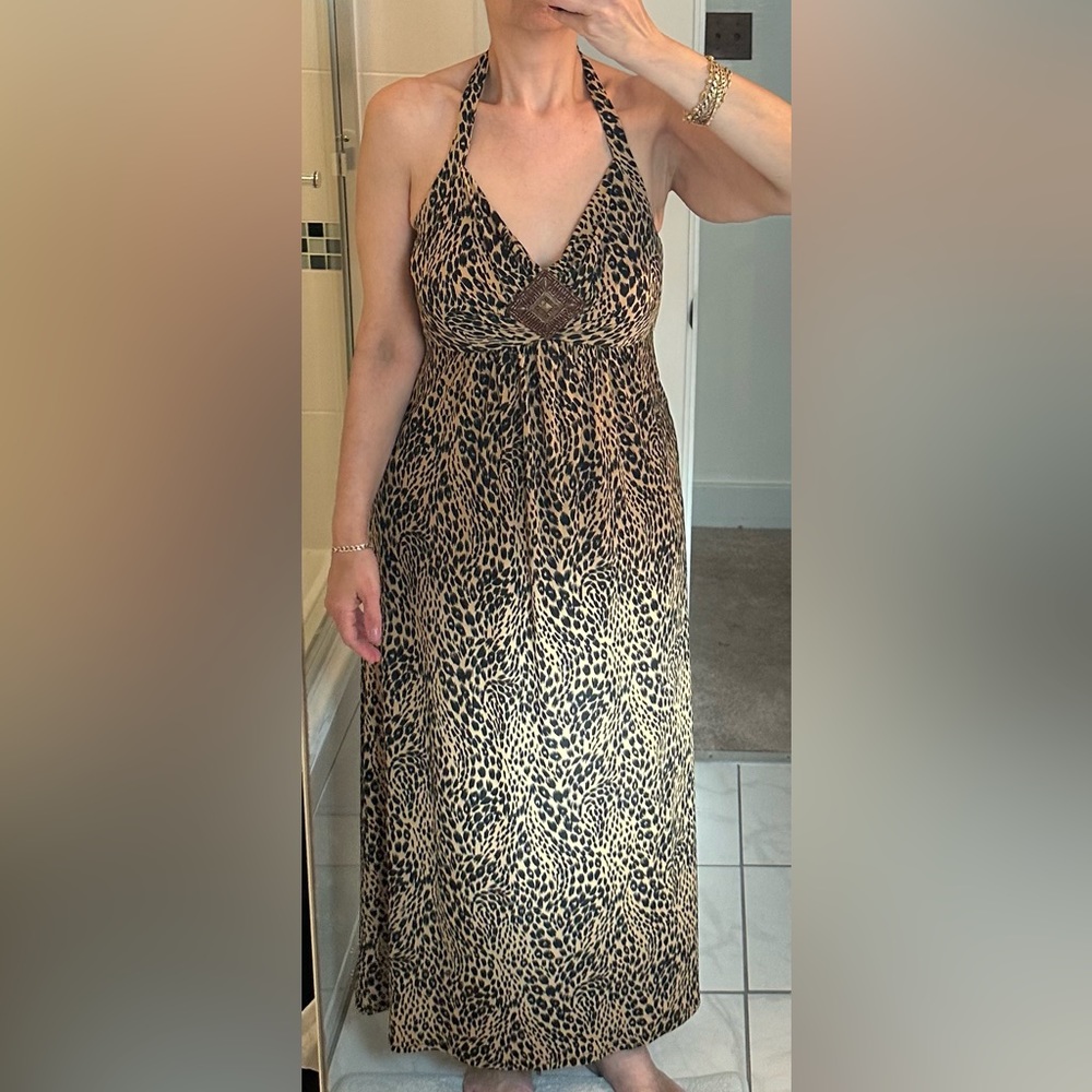 Leopard-spotted halter maxi dress